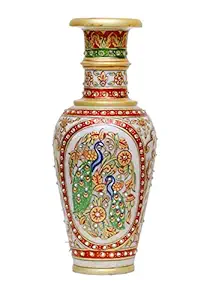 Anjali Arts Decorative Marble Flower Vase | Round Shape Peacock with Feather Handpainted Showpiece Vases for Home Decoration (Multicolor, 12.5x12.5x30 cm) 12 Inch