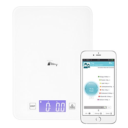 Thinp digitale Küchenwaage, elektronische Waage mit Bluetooth für Vermessung von Gewicht, Energie, Protein, Lipid, Kohlenhydrate, Faser, Cholesterin, Vit B6 und Kalzium,bis zu 5KG, hergestellt aus gehärtetem Glas,Garantiezeit von 2 Jahr