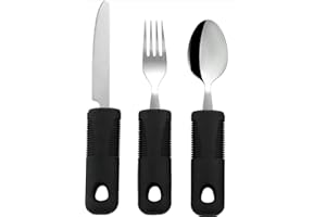 VERGILSON Weighted Extra Wide Handles Easy Grip Cutlery Set, Disability Ideal Dining aid for Elderly Disabled Arthritis Parkinson's Disease Tremors Sufferers (Black 3PCS Straight)