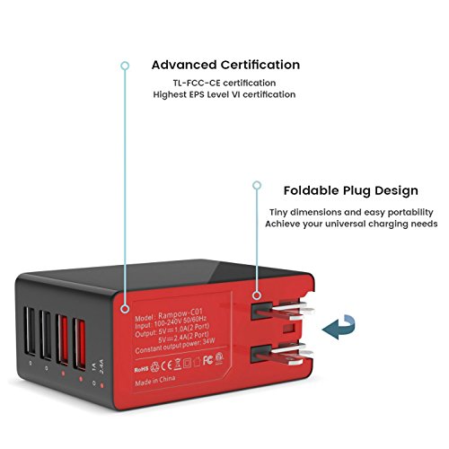 Rampow   USB Ladeger  t Mehrfach - 4-Port USB Netzteil 34W -  Lebenslange Garantie  - USB Stecker f  r Steckdose - USB Ladestecker Steckdose f  r iPho