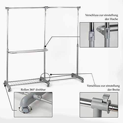 Oramics ausziehbarer und höhenverstellbarer Teleskop Garderobenständer mit Rollen und Schuhablage - 3