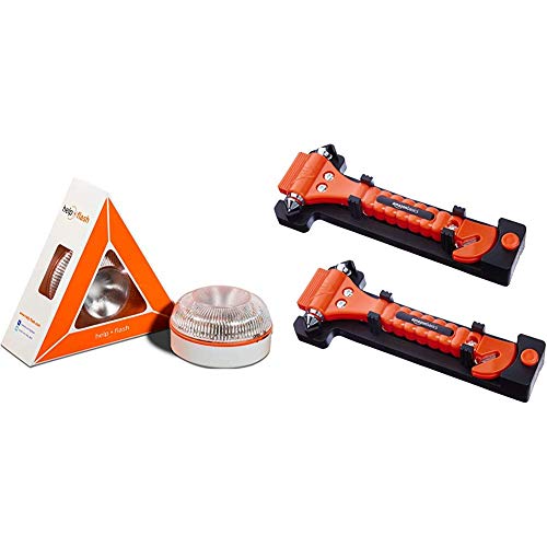 Help flash - Luz de Emergencia autónoma - Señal v16 de preseñalización de Peligro, homologada DGT & AmazonBasics - Cortador de cinturón de Seguridad y Martillo rompecristales de Emergencia, Pack de 2