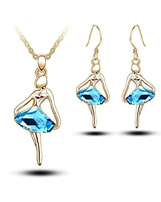 Cfeminin Parure Collier Pendentif dorée Danseuse de Ballet avec superbe Cristal autrichien bleu et boucles d'oreilles - or, Métal rhodié