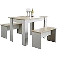 Home Source Kitchen Dining Table, 2 Benches to Seat 4, Oak Effect Top, Grey