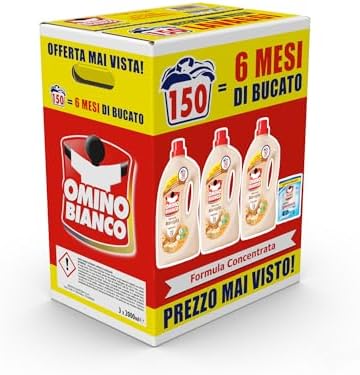 Omino Bianco - Detersivo Lavatrice Liquido, 150 Lavaggi, Rispetta Colori e Tessuti, Fresco Profumo con Essenza Cuore di Marsiglia, 2000 ml x 3 + Campione di Additivo Lavatrice Igienizzante Idrocaps