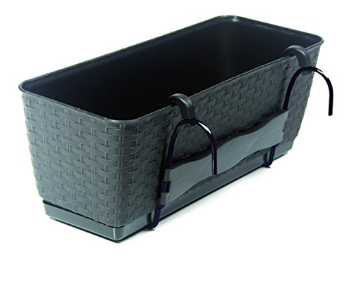 Pflanzkasten im Rattan Design mit integriertem Wasserspeicher und Halterungen aus Metall für Geländer aller Art oder zum Aufstellen, Maße B 50 x H 17,2 x T 17,4 cm, Farbe Anthrazit - 7