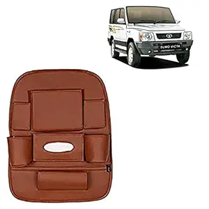 RD Universal PU Leather Car Auto Seat Back Organizer Multi Pocket Travel Storage Bag with Hangers, Tissue Paper and Bottle Holder-Tan Colour Compatible for Tata Sumo Victa