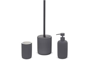 Inbagno Set Accessori Bagno 3 Pezzi in Ceramica Grigio cannettato, Dispenser Sapone portaspazzolini e portascopino Soft Touch, Spring