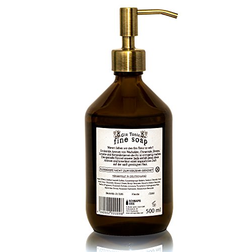 Gin Tonic Fine Soap Flüssigseife in Glas Flasche im Set mit Edelstahl Pumpkopf in Bronze Optik (Aromen / Gewürze von Zitrus, Zitrone, Limette, Wacholder, Chinarinde, Koriander) Seifenspender - 2
