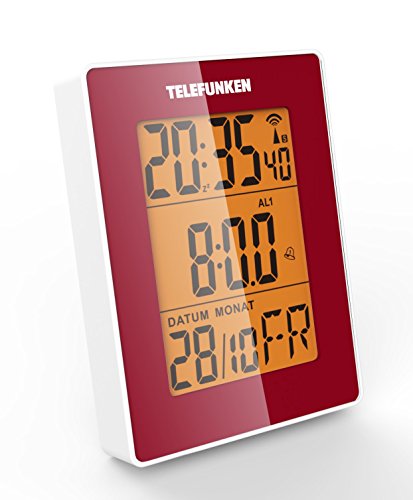 TELEFUNKEN FUD-30-S (R) Multifunktions-Funkwecker, große Anzeige, Display zum Umschalten, Bewegungssensor, rot, zweifacher Alarm, Funkuhr Wecker Innentemperatur Thermometer Datum Monat Kalender Wochentag Kalenderwoche Zweite Zeit