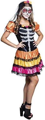 Fancy Dress Party Halloween Teenie Child Costume Dress and Veil – Day of the Dead – La Catrina Mexican Skull, 164 – 176, 14/16 Years, Multicoloured