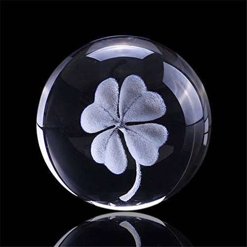 qianyue 60mm 3D Laser Terre Trèfle À Quatre Feuilles Gravé Rose Boule De Cristal Miniature Fleur Globe en Verre Sphère Décoration De La Maison Ornement (Trèfle)