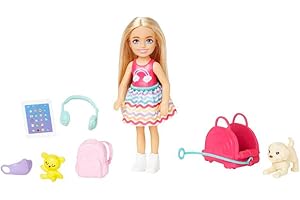 Barbie Chelsea Small Doll & 6 Accessories, Travel Set with Puppy, Pet Carrier & Backpack that Opens & Closes, Blonde Hair, HJY17