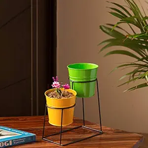 ExclusiveLane Trapezium Buckets Table Planters & Pot for Living Room with Galvanized Iron Stand (10.4 Inch, Set of 2) - Indoor Decorative Planter Outdoor Plant Containers Garden Balcony Decoration