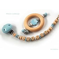 Schnullerkette mit Namen - Greifling - Sparset - Holzprodukt - Junge - max. 10 Buchstaben - natur - blau - grau - weiß - Holzbuchstaben - Baby - Geburtsgeschenkset - Made in Germany