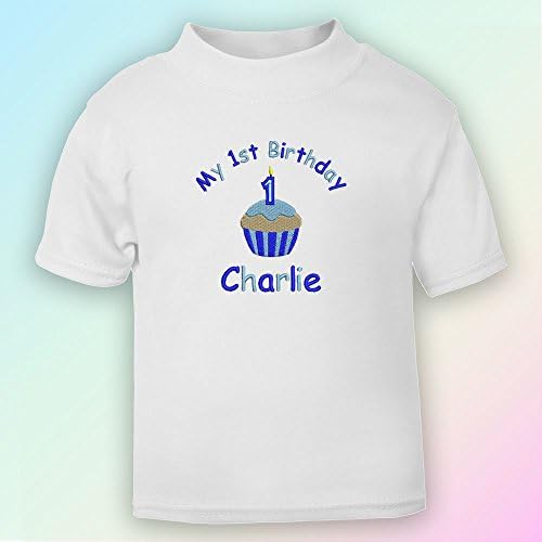 My 1st Birthday Cake - Boy - Personalised, Embroidered T-Shirt in White - 6-12 Months - Standard - As per Image Thread