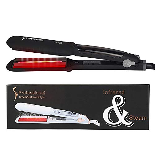 Infrared Steam Hair Straightener Wide Plate  Professional Salon Flat Iron Ceramic Hair Straighteners With Digital LCD Display  Dual Voltage Fast Heat With Heat Insulation Protection Glove Black