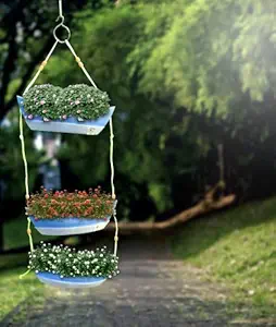 grovith Plastic Boat Self Watering Hanging 3 Modern Decorative Beautiful & Colourful Gardening Pot Set for House Plants, Nursery, Flowers Hanging Plants (Blue)