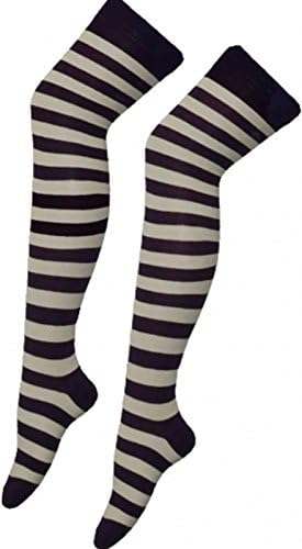 New Ladies Overknee Long Rainbow Multi Colour Stripe Print Womens Thigh High Striped Cotton Over Knee Socks (Black/White)