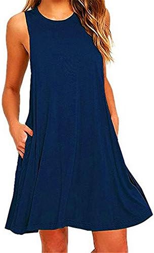 BIUBIONG Women's Mini Dress A-Line Sleeveless Solid Color With Pockets Casual Tops T-Shirt Dress For Summer Ladies, UK 8-16
