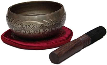 Tibetan Carved Singing Bowl Set, Carved Design Yoga Singing Bowl Set with Wooden Mallet and Cushion © Himalayan Solitude (Large)