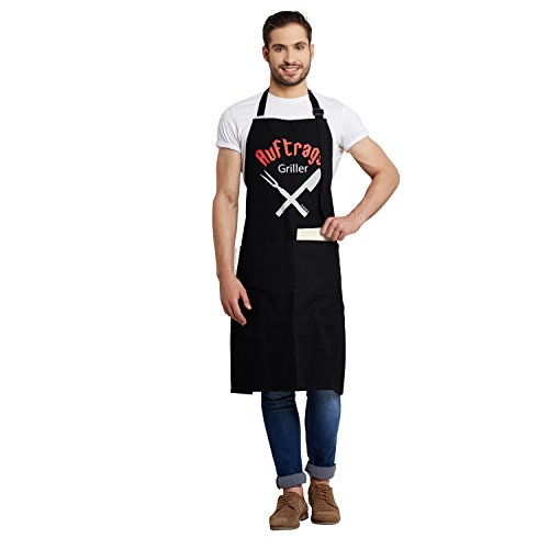 Inhoma Grillschürze bedruckt: „Auftrags-Griller“ in Schwarz | 100% Baumwolle | Barbecue-Schürze mit praktischen Taschen & verstellbarem Nackenband | extra groß 1x1m | Männergeschenk| mit Spruch - 3
