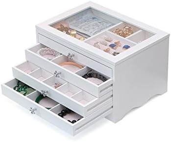 Jewelry Storage Organiser Wooden Ornaments Box with Showcase and 4-Tier Drawers – Extra Large Luxury Jewellery Organizing Tray View Top – Great for Hold Earrings, Bracelet or Necklaces – Pearl White