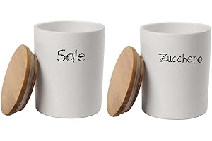 MAURY'S IL NUMERO UNO DEL RISPARMIO Maury's Set Barattoli in Ceramica con Top in Legno 10x13cm: Sale e Zucchero (Tondo Bianco -2 Pz)