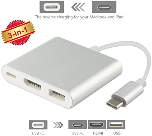 Sumicline USB-C To HDMI Adapter,ProCIV Type-C 3in1 USB 3.1 USB-C to USB 3.0/4Kx2K HDMI/ Type C Female Charger Adapter for Macbook 12in,Google Chromebook Pixel and other Type C devices(Silver)