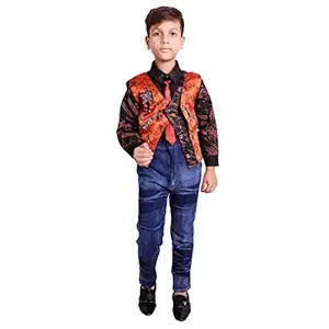 Prabhuratan Ethnic Wear Kids Party/Casual Wear Clothing Set : 3 Piece Suit Set with Cotton Shirt, Pant, Blended Waistcoat and Tie for Boys (Article No.- 695) (Maroon, 4-5 Years)