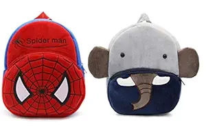 Blue Tree Kids School Bag Soft Plush Backpack Cartoon Bags Combo Mini Travel Bag for for Girls Boys Toddler Baby (Spiderman & Elephant)