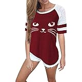 iHENGH Damen Top Bluse Lässig Mode T-Shirt Frühling Sommer Bequem Blusen Frauen Womens Summer Cute Cat Print Tops Kurzarm T-Shirts Bluse