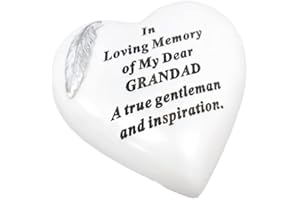 OnlineStreet Memorial Stone Heart Plaques Grave Ornaments - Personalised Grave Decoration White & Silver Plaques with Feather- Outdoor Memorial Plaques 15 x 15cm (Grandad)