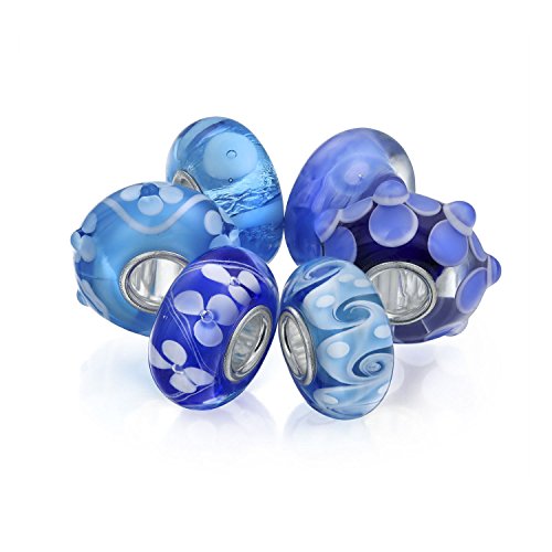 Bling Jewelry Light Blue Floral Murano Glass Mix Set of 6 Sterling Silver Spacer Bead Fits European Charm Bracelet for Women for Teen