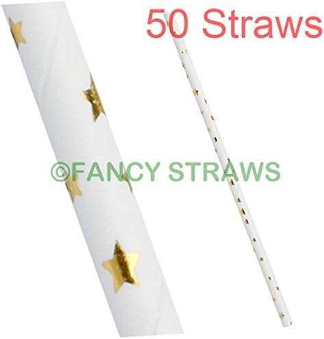 50 Pack - White with Shiny Gold Stars - Paper Drinking Straws - Great for Parties - Free Delivery