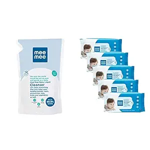 Mee Mee Anti-Bacterial Baby Liquid Cleanser (1.2L) & Caring Baby Wet Wipes, Aloe Vera, 72 Pieces (Pack of 5) Combo