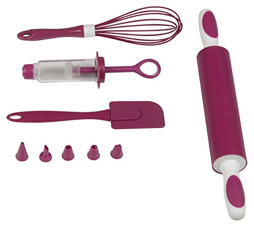 9-teiliges Silikon Backset - Teigrolle, Schneebesen, Teigschaber, Spritztülle & 5 Spritzdüsen in Pink