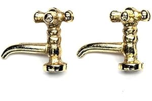 MyTinyWorld 2x Dolls House Miniature Gold Coloured Metal Cross Top Sink Taps