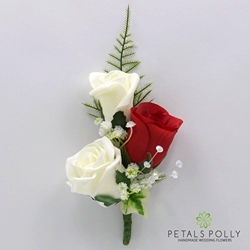 Artificial Wedding Flowers Hand-Made by Petals Polly, Silk Rose Corsage/Buttonhole in RED/Ivory