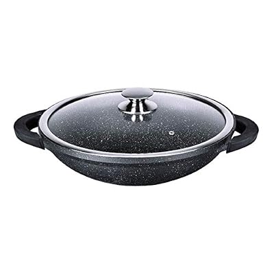 Kamberg - 0008047 - Wok 36 cm - Fonte d'Aluminium - Revêtement type pierre - Couvercle en verre - Tous feux dont induction - Sans PFOA
