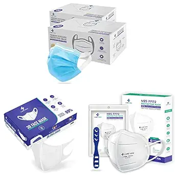 CARE VIEW 3 Ply Disposable Surgical Face Mask Box (Pack of 100, BLUE) & Careview Care View Face Mask (WHITE, PACK OF 50) & Unisex Ear Loop Style N-95 Protective Face Mask, (White, Pack of 20)