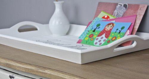 elbmöbel 52 x 35cm Holz-Tablett in weiß rechteckig, Sweet Home Aufdruck, Griffe und erhöhter Rand - 3