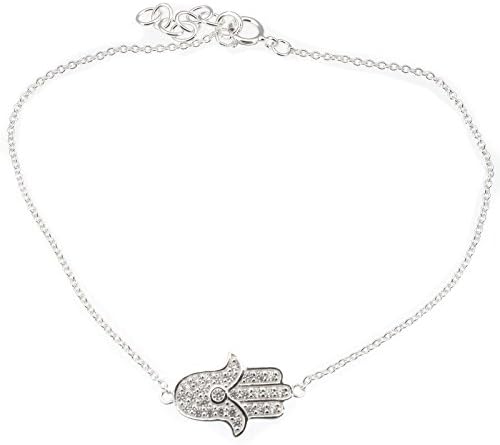 Sterling Silver Fine Chain Hand Of Fatima Hamsa Bracelet Set with Crystal