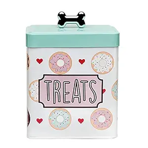 Amici Pet, , Barkers Dozen Metal Treats Canister, Doughnuts and Hearts Design, Food Safe, Push Top Lid with Metal Bone Shaped Knob, 96 Ounce Capacity