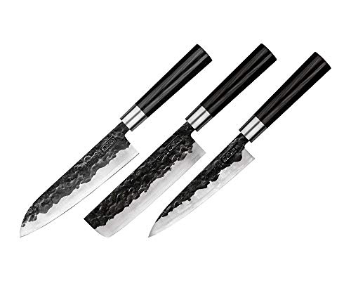 Samura Blacksmith Micarta Couteau de cuisine japonais professionnel Damas Set de 3 : utilitaire, Nakiri, Santoku. Dureté : 60 HRC....