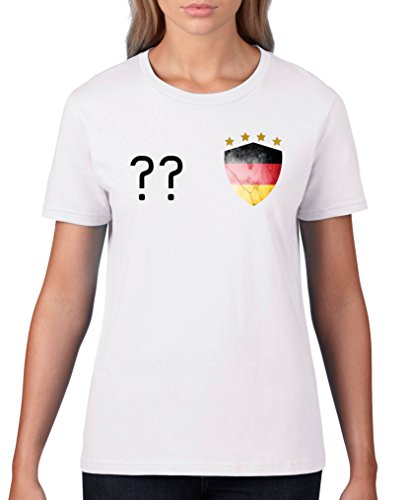 Comedy Shirts – Deutschland Trikot – Wappen: Klein – Wunsch – Damen T-Shirt – Weiss / Schwarz Gr. L