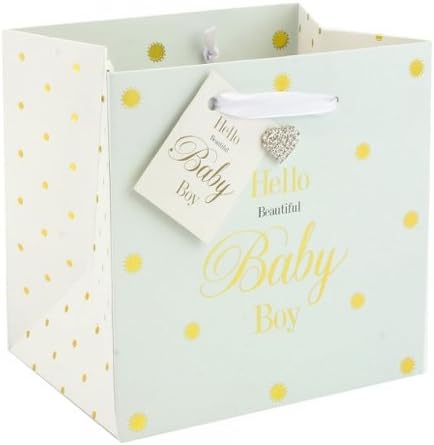 'Hello Beautiful Baby Boy' Gift Bag. Embellished with a diamante heart. Available in 3 sizes (Large 33 x 17 x 33cm)