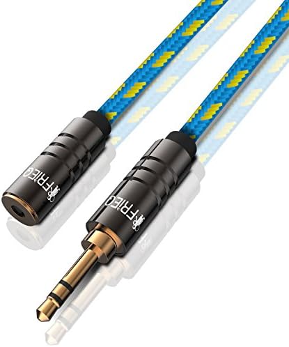 FRiEQ 4-Feet Gold Plated 3.5mm Male to 3.5mm Female Car and Home Stereo Cloth Jacketed Tangle-Free Auxiliary Stereo Audio Cable Extension Fits Over Tablet &amp; Smart Phone Cases For Apple iPad, iPhone, iPod, Samsung Galaxy, Android, MP3 Players Light Blue/Yellow (Plug will be Fully Seated with Phone Case On)