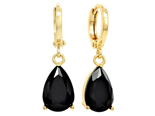 Real 18ct yellow gold plated drop earrings with black moonstone teardrop gemstones and purple gift bag with black earring box