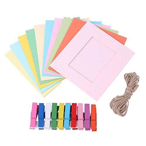 Yeelan 21Pcs DIY Colorful Paper Photo Frames Cardboard Picture frame Fits 4”x6” Wall Decor with Clothespins and Rope for Christmas Home Office Dorm Room College Decorations